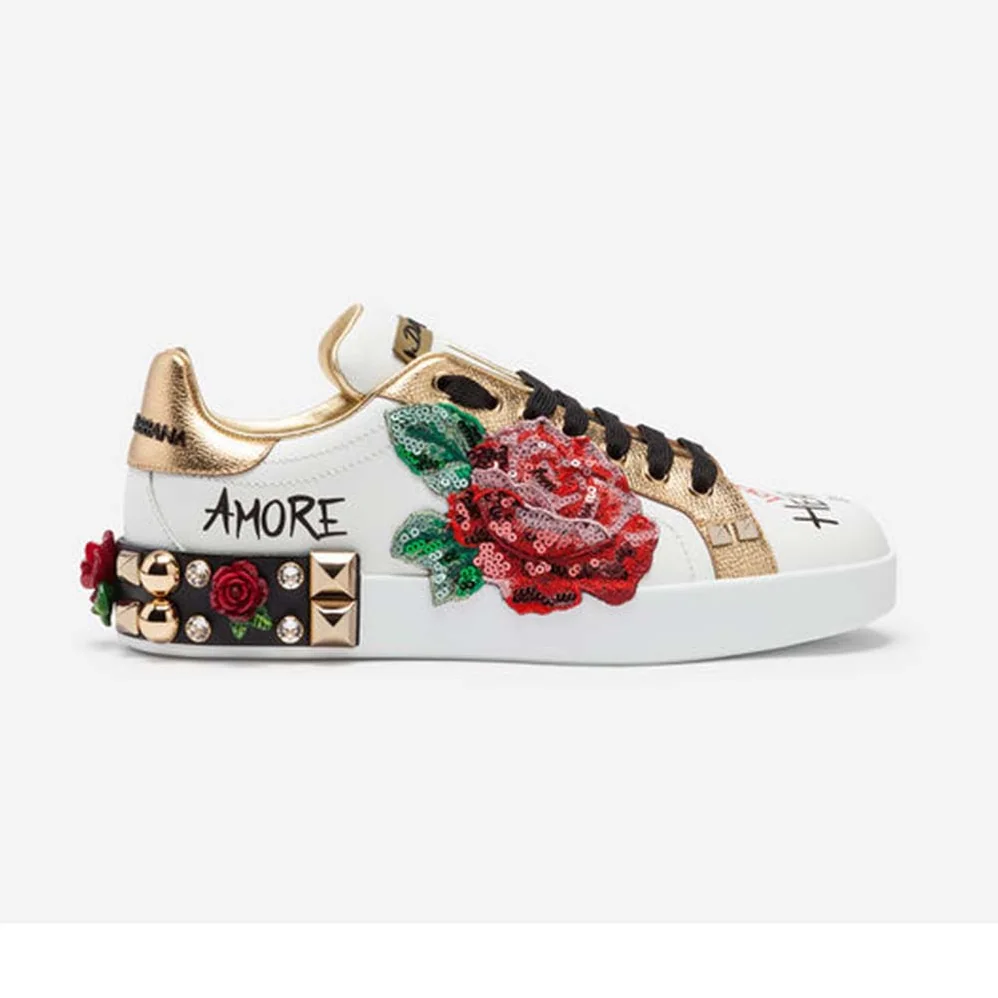 Dolce Gabbana D&G Sneakers in Printed Nappa Calfskin with Applications for Women in White