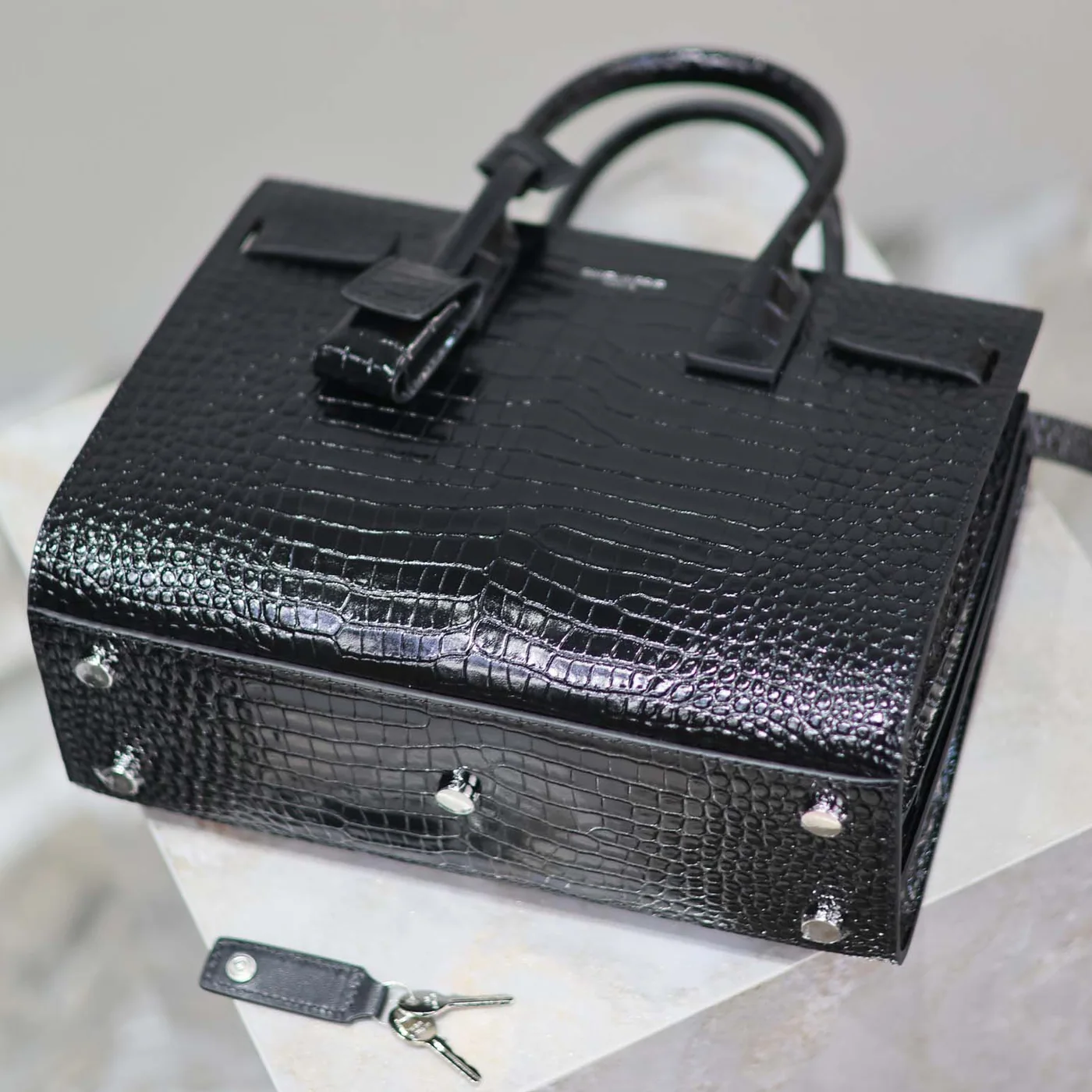 Saint Laurent YSL Sac De Jour in Embossed Crocodile Leather Baby for Women in Black