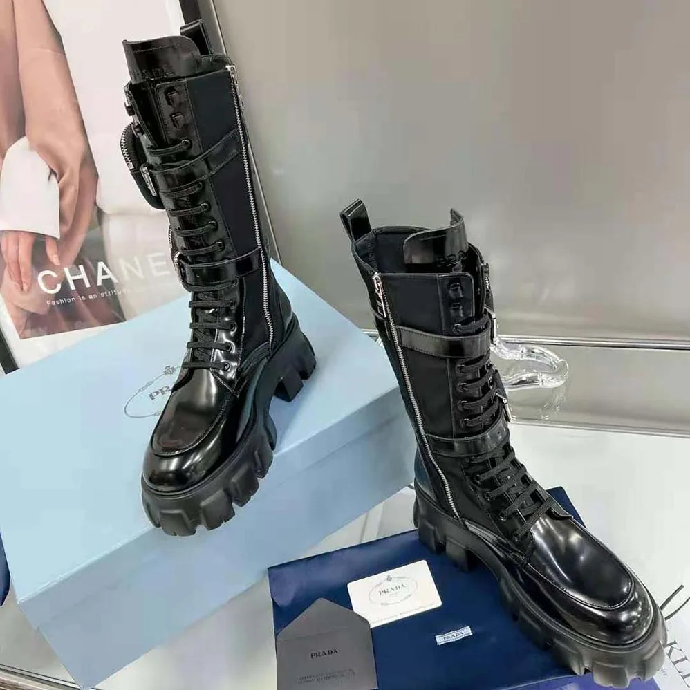 Prada Monolith Leather and Nylon Boots for Women in Black Prada Monolith Leather and Nylon Boots for Women in Black