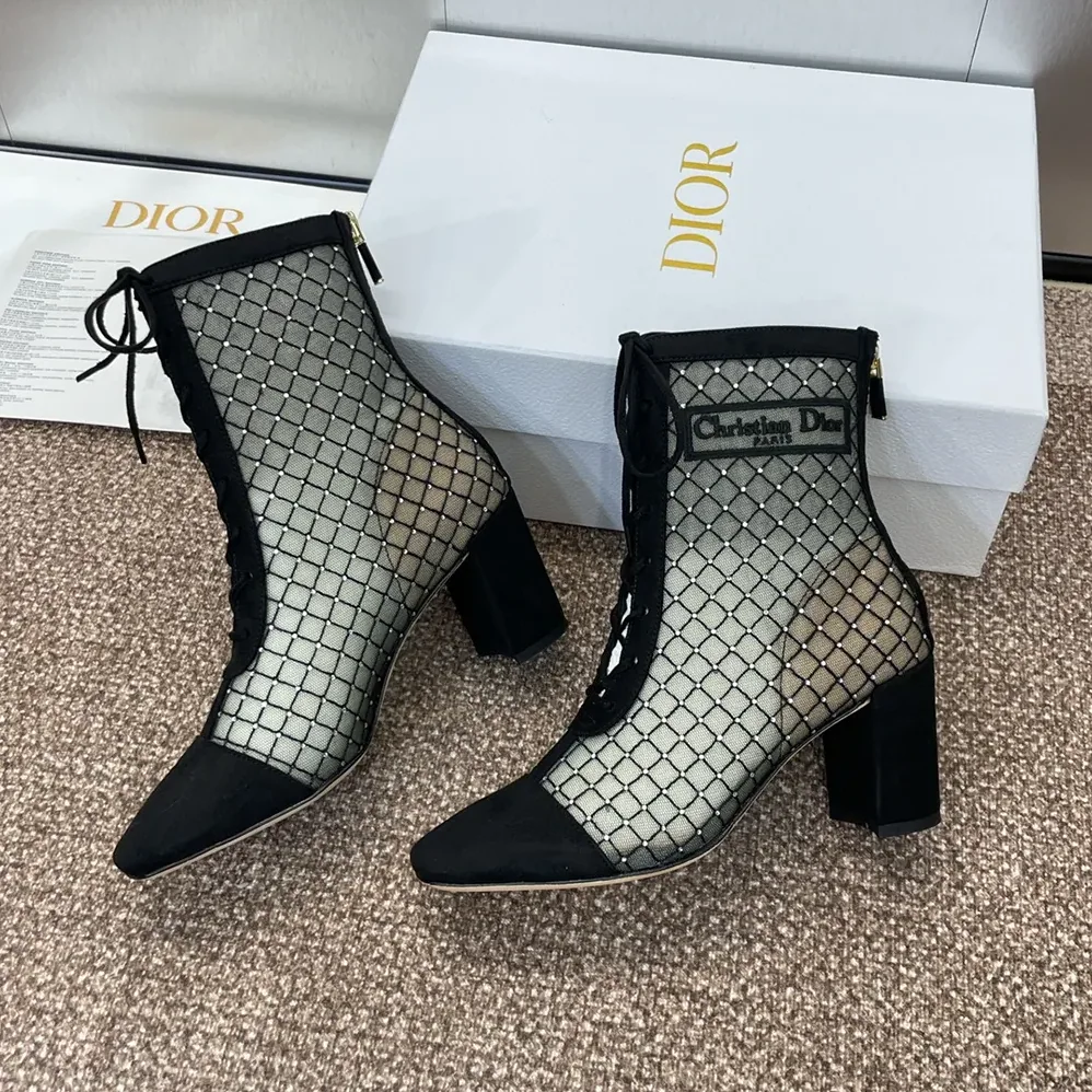 Dior Naughtily-D Heeled Ankle Boot Transparent Mesh Embroidered for Women