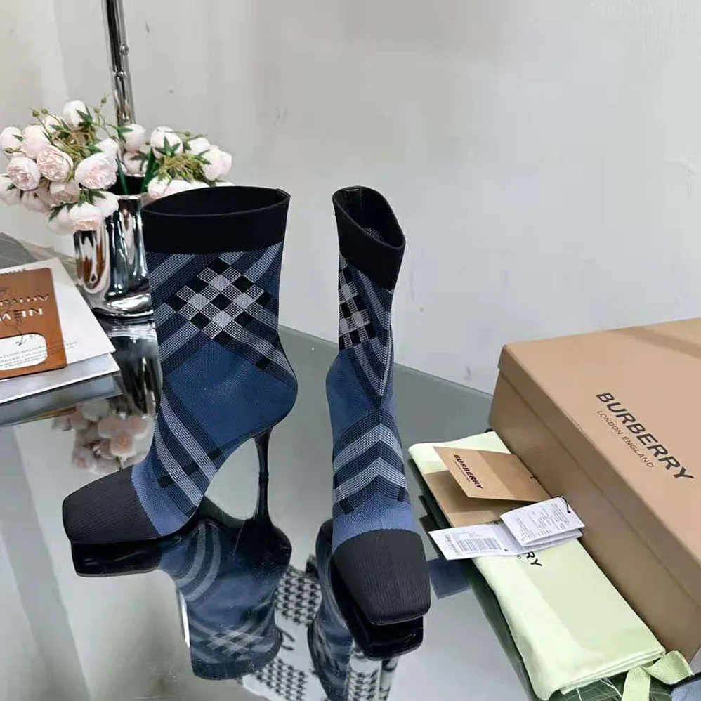 Burberry Knitted Check Sock Boots for Women in Navy Burberry Knitted Check Sock Boots for Women in Navy