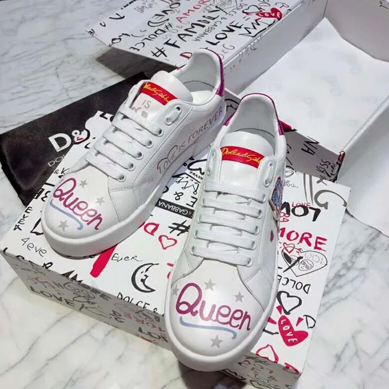 Dolce Gabbana D&G Shoes Calfskin Sneakers with Embroidered Patc for Women