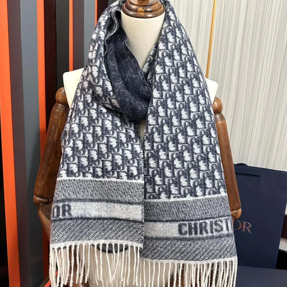 Dior Oblique Scarf Ecru and Navy Blue Cashmere for Unisex Dior Oblique Scarf Ecru and Navy Blue Cashmere for Unisex
