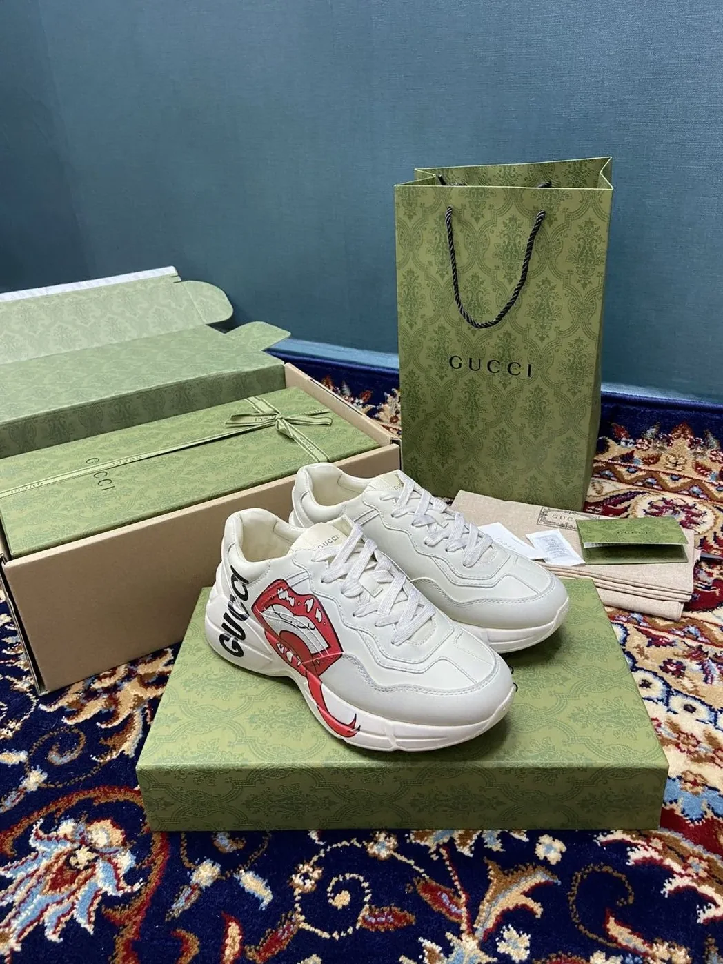 Gucci Rhyton Sneakers With Mouth Print White Ivory for Men Gucci Rhyton Sneakers With Mouth Print White Ivory for Men
