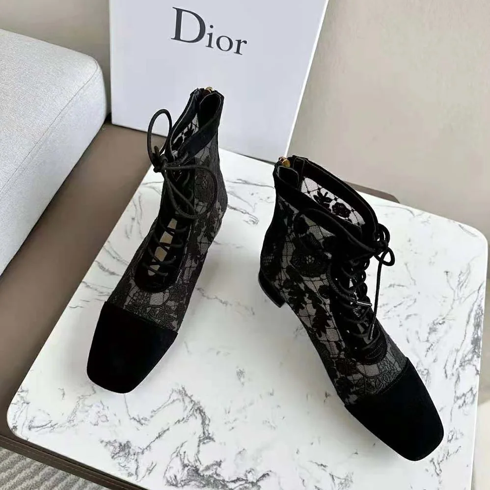 Dior Naughtily-d Ankle Boot Black Transparent Mesh and Suede Embroidered for Women