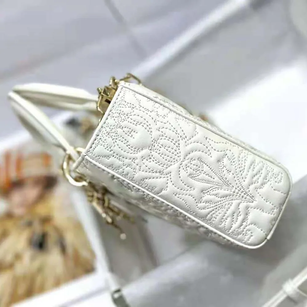 Dior Medium Lady D-joy Bag Latte Quilted-Effect Lambskin with Ornamental Motif for Women