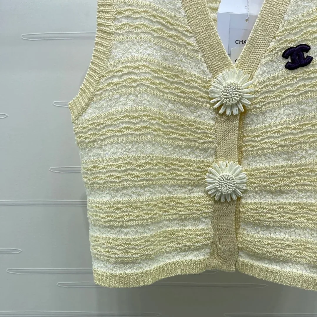 Chanel Striped Pointelle Sleeveless Top With Camellia Buttons Light Yellow