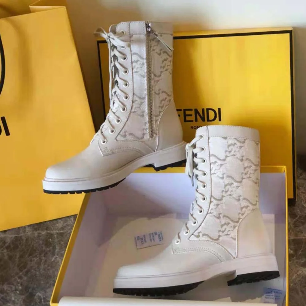 Fendi Signature White Leather Biker Boots for Women