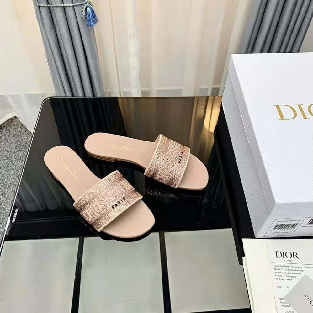 Dior Dway Slide Rose Des Vents Cotton Embroidered with Metallic Thread and Strass for Women