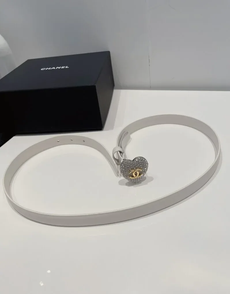 Chanel CC Silver Tone Heart Buckle Belt White Chanel CC Silver Tone Heart Buckle Belt White