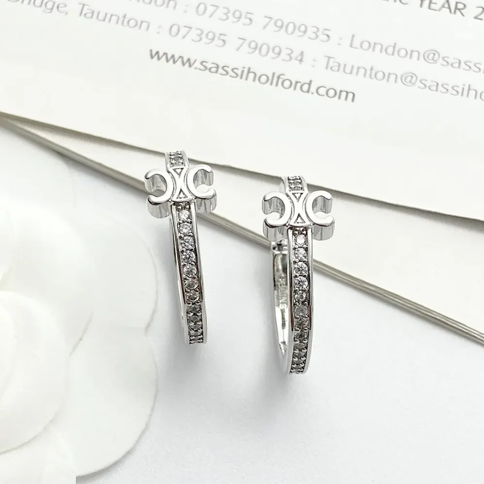 Celine Triomphe Sparkle Hoops in Strass and Brass with Rhodium Finish for Women Celine Triomphe Sparkle Hoops in Strass and Brass with Rhodium Finish for Women