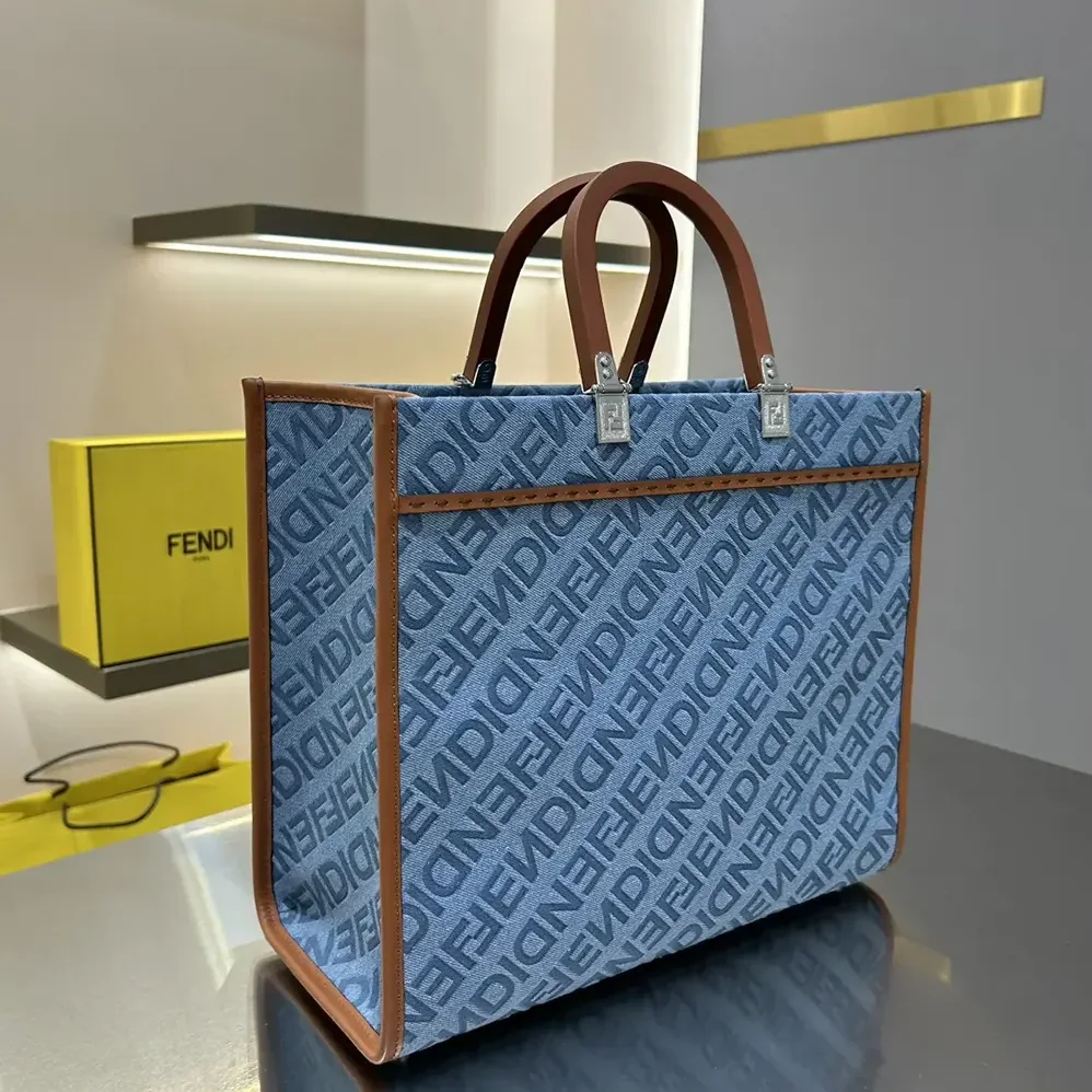 Fendi Sunshine Medium Light Blue Denim Shopper Bag for Women