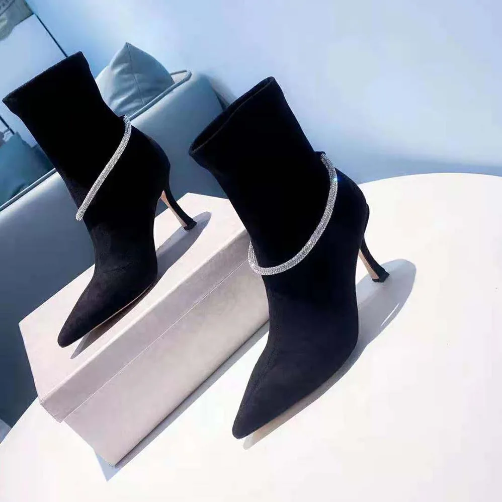 Jimmy Choo Leroy 90 Black Suede Sock Boots with Crystal Embellishment for Women