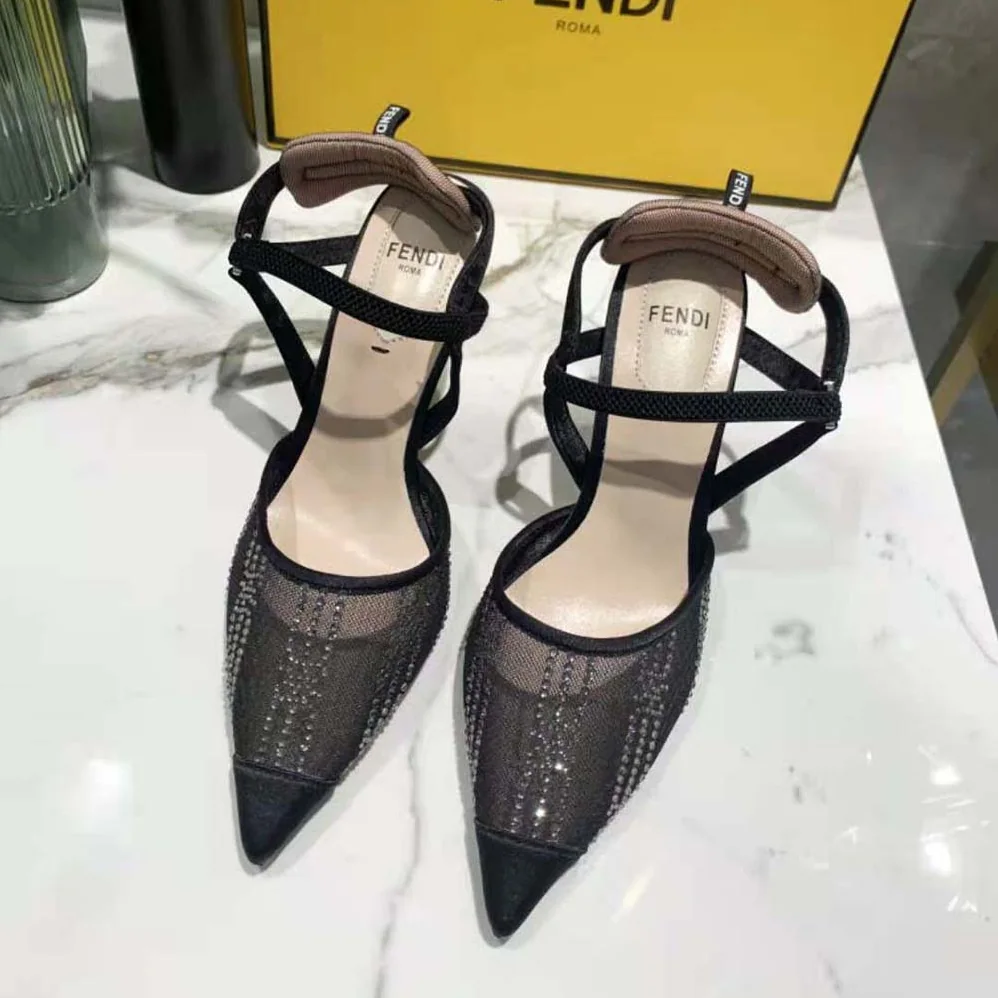 Fendi Colibri Black Mesh High-Heeled Slingbacks with Rhinestone Embroidery for Women Fendi Colibri Black Mesh High-Heeled Slingbacks with Rhinestone Embroidery for Women