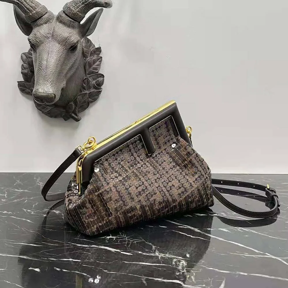 Fendi First Small Brown FF Jacquard Fabric Bag with Sequins for Women
