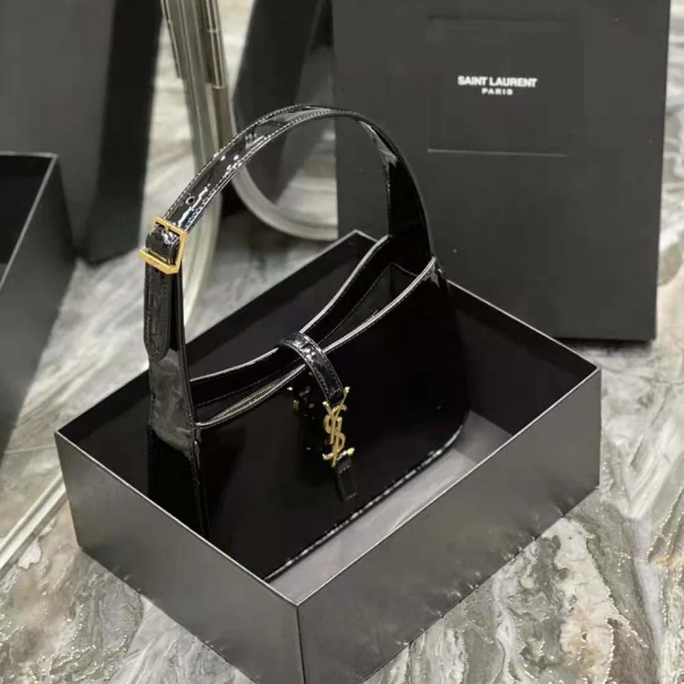 Saint Laurent YSL Le 5 A 7 Hobo Bag in Patent Leather for Women in Black Saint Laurent YSL Le 5 A 7 Hobo Bag in Patent Leather for Women in Black