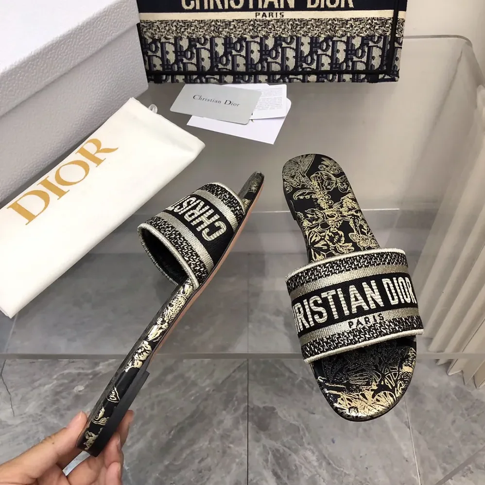 Dior Dway Slide Cotton Embroidered with Metallic Thread and Black for Women Dior Dway Slide Cotton Embroidered with Metallic Thread and Black for Women