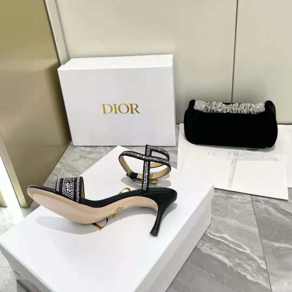Dior Dway Heeled Sandal Black Cotton Embroidered with Thread and Silver for Women in Tone Strass