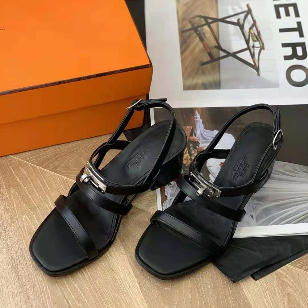 Hermes Eve 60 Sandal in Calfskin Leather for Women in Black Hermes Eve 60 Sandal in Calfskin Leather for Women in Black