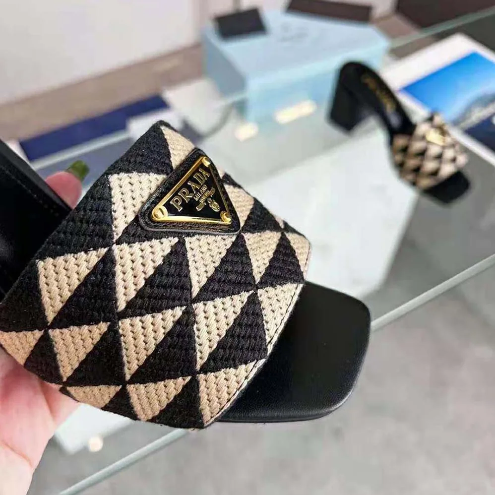 Prada Embroidered Fabric Sandals for Women in Black