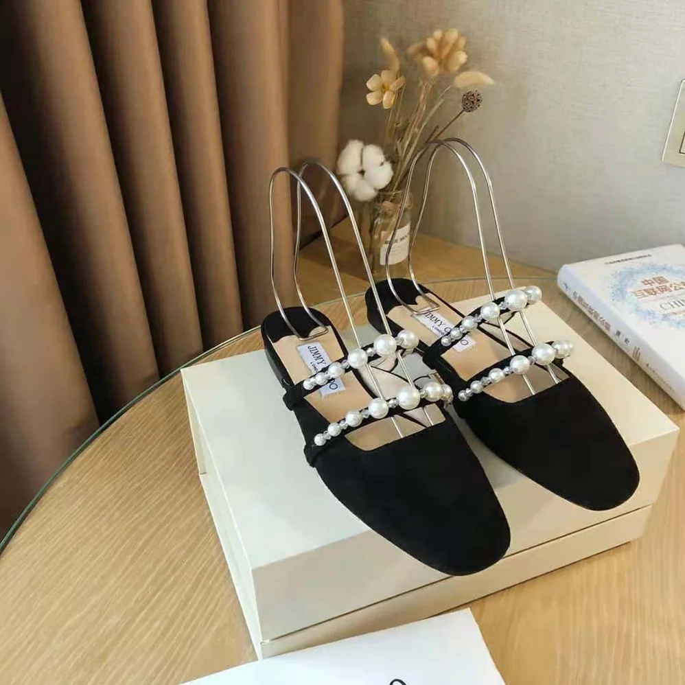 Jimmy Choo Alaina Flat Black Suede Flats with Pearl Embellishment for Women Jimmy Choo Alaina Flat Black Suede Flats with Pearl Embellishment for Women