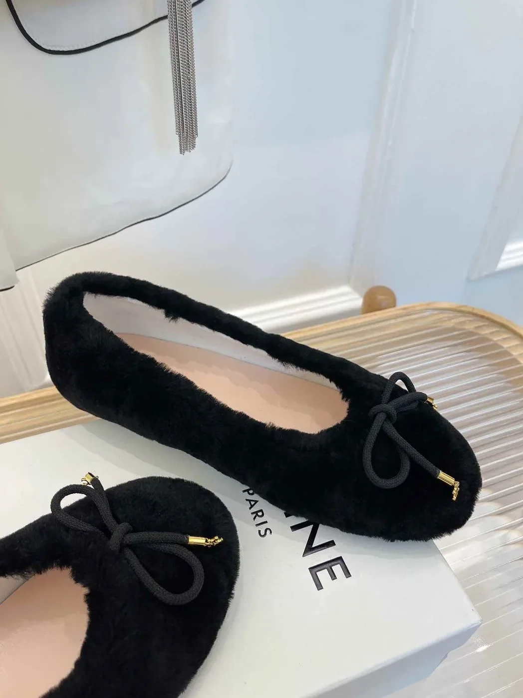 Celine Les Ballerines Celine Ballerina With Triomphe Laces And Fur Black Celine Les Ballerines Celine Ballerina With Triomphe Laces And Fur Black