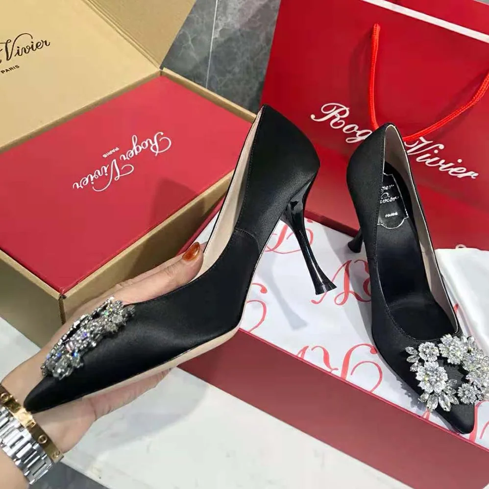 Roger Vivier RV Bouquet Strass Buckle Pumps in Satin for Women in Black