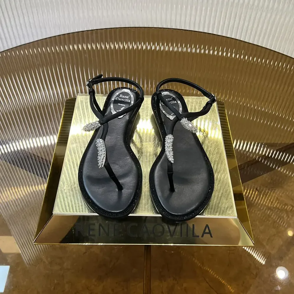Rene Caovilla Serpente Black Thong Sandal 10 for Women