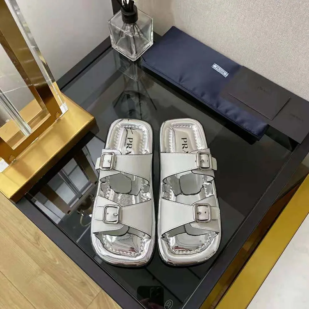 Prada Leather Sandals With Metal Buckle on the Upper for Women in Silver Prada Leather Sandals With Metal Buckle on the Upper for Women in Silver