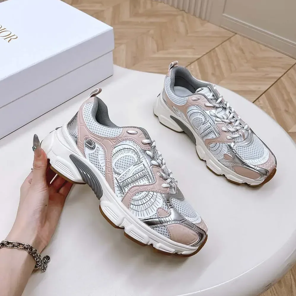 Dior Chrono Sneaker White Mesh with Nude and Silver-Tone Laminated Leather for Women in Effect Panels