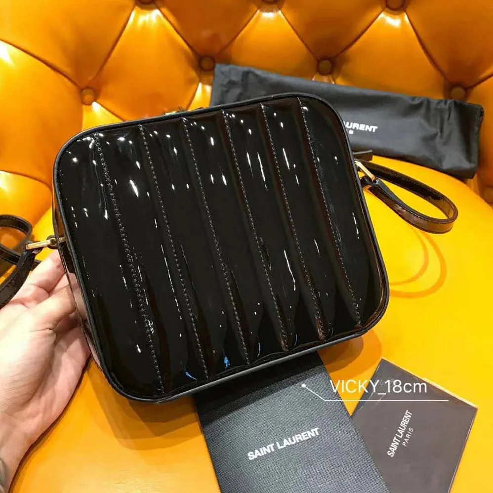 Saint Laurent YSL Vicky Camera Bag Quilted Patent for Women in Black