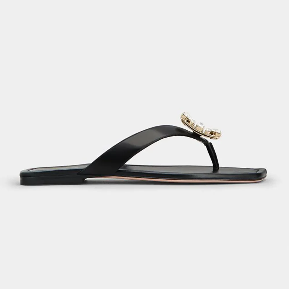 Roger Vivier Mini Broche Vivier Buckle Thong Mules in Leather for Women in Black Roger Vivier Mini Broche Vivier Buckle Thong Mules in Leather for Women in Black