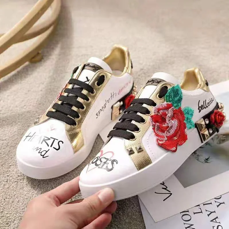 Dolce Gabbana D&G Sneakers in Printed Nappa Calfskin with Applications for Women in White