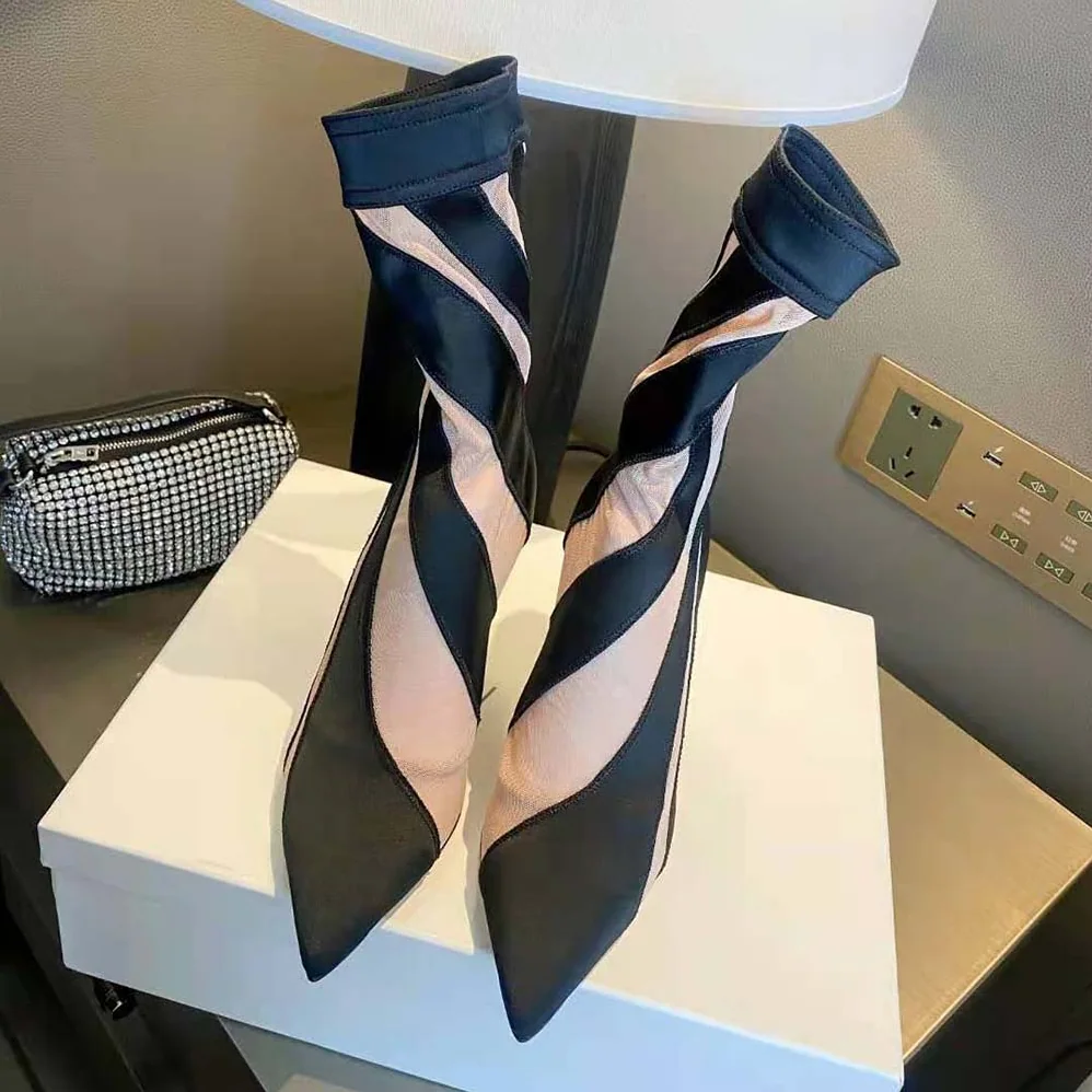 Jimmy Choo Mugler Sock Ankle Boot Black and Nude Sheer Spiral Stretch Fabric for Women