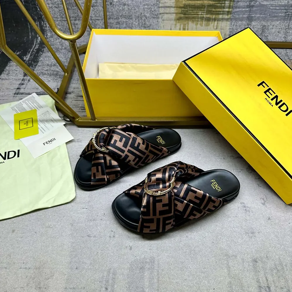 Fendi Feel Brown FF Satin Slides for Women