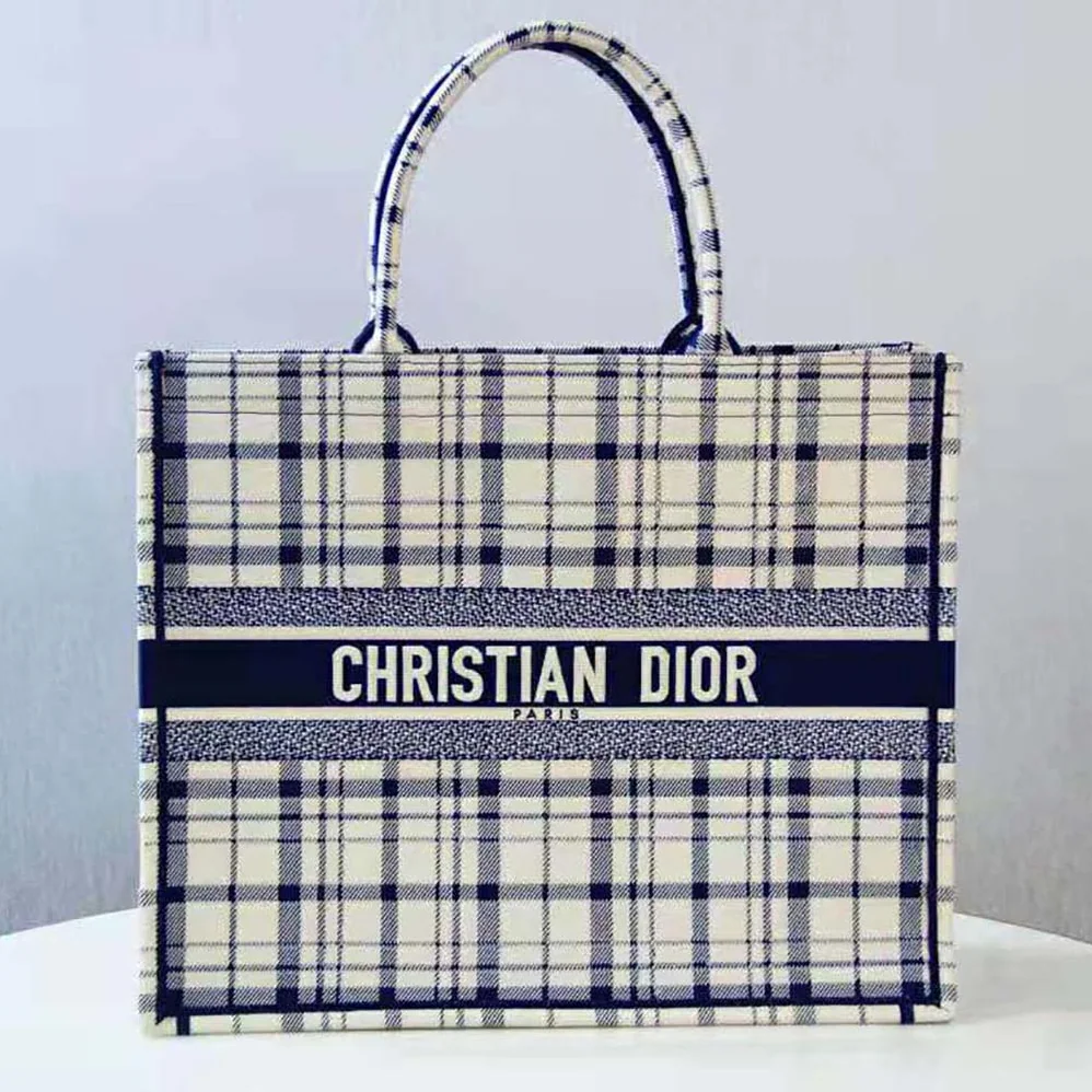 Dior Book Tote Blue Check'n'Dior Embroidery for Women