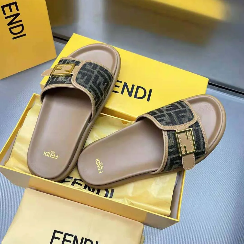 Fendi Feel Brown Fabric Slides for Women