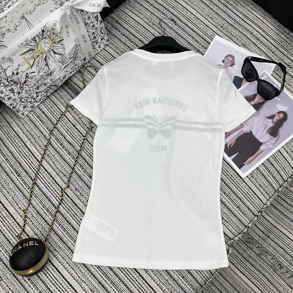 Dior T-Shirt White Cotton and Linen Jersey with Gray Christian Dior Papillon Motif for Women