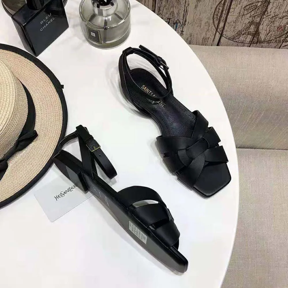 Saint Laurent YSL Tribute Flat Sandals in Smooth Leather for Women Saint Laurent YSL Tribute Flat Sandals in Smooth Leather for Women