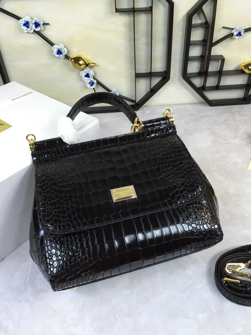 Dolce & Gabbana Medium Sicily Bag In Foiled Crocodile in Print Black / DG
