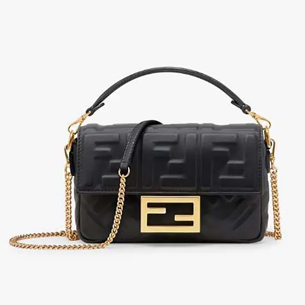 Fendi Baguette Mini Black Nappa Leather Bag with FF Motif for Women Fendi Baguette Mini Black Nappa Leather Bag with FF Motif for Women