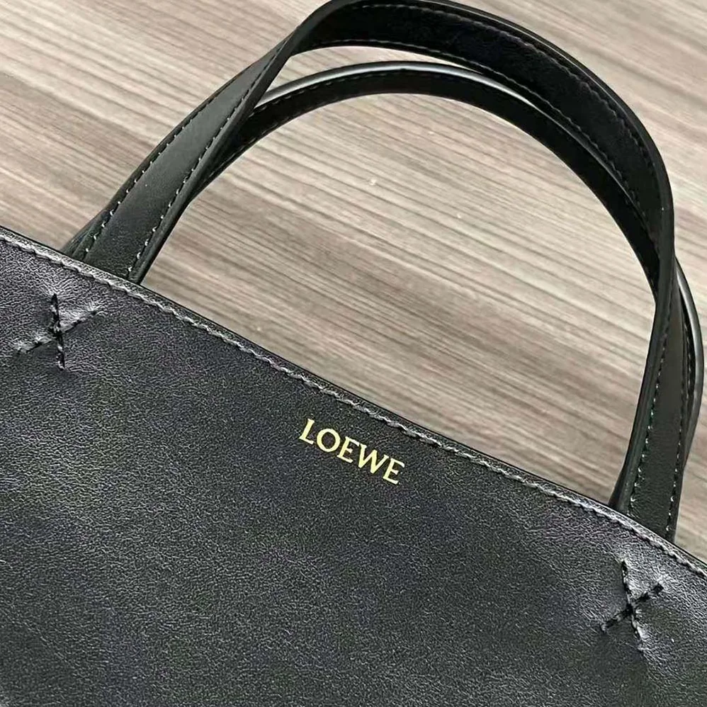 Loewe Mini Puzzle Fold Tote in Shiny Calfskin for Unisex in Black