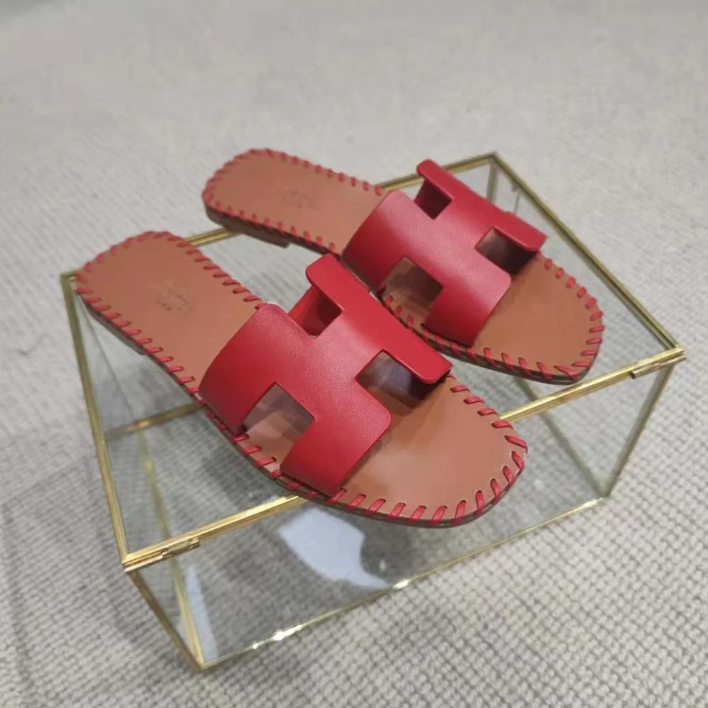 Hermes Oran Sandal in Braided Calfskin with Iconic H Cut-Out for Women in Red