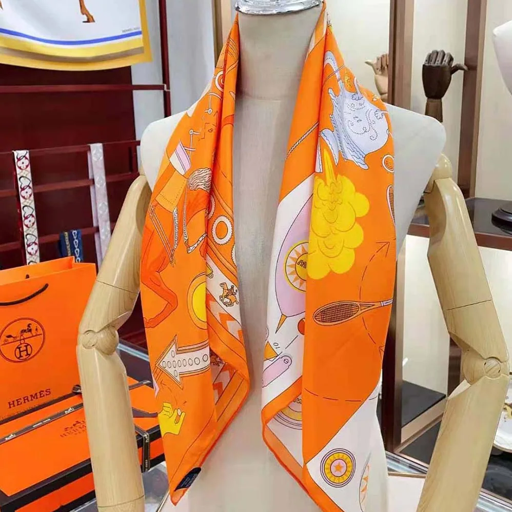 Hermes Tea for Two Scarf 90 in Silk Twill with Hand-Rolled Edges for Women in Orange Hermes Tea for Two Scarf 90 in Silk Twill with Hand-Rolled Edges for Women in Orange