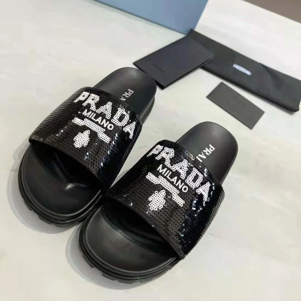 Prada Sequin Slides with Rubber Lug Sole are Covered All Over with Embroidered Sequins for Women Prada Sequin Slides with Rubber Lug Sole are Covered All Over with Embroidered Sequins for Women