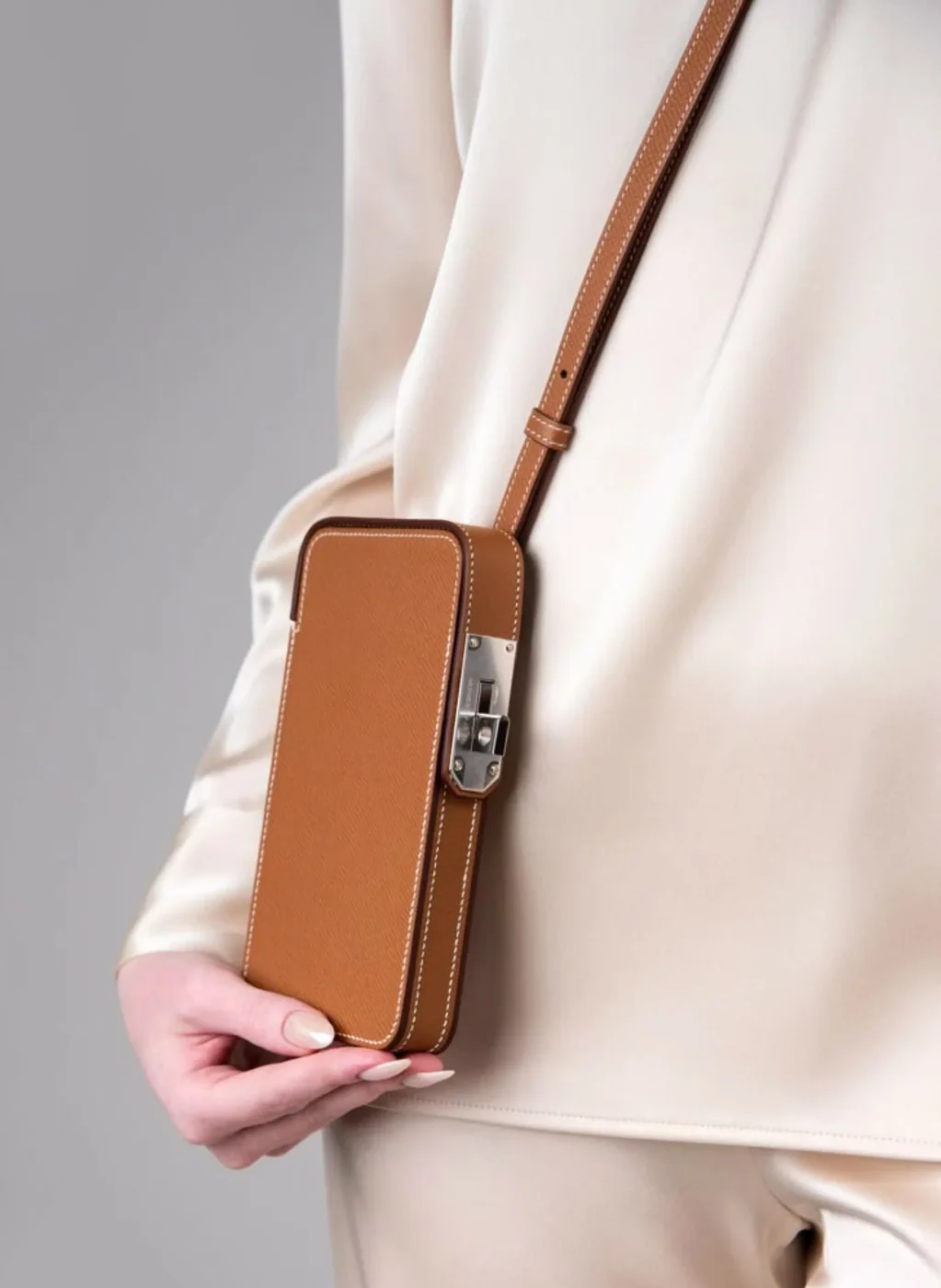 Hermes Hac A Box Phone Case Toffee Silver Hardware /