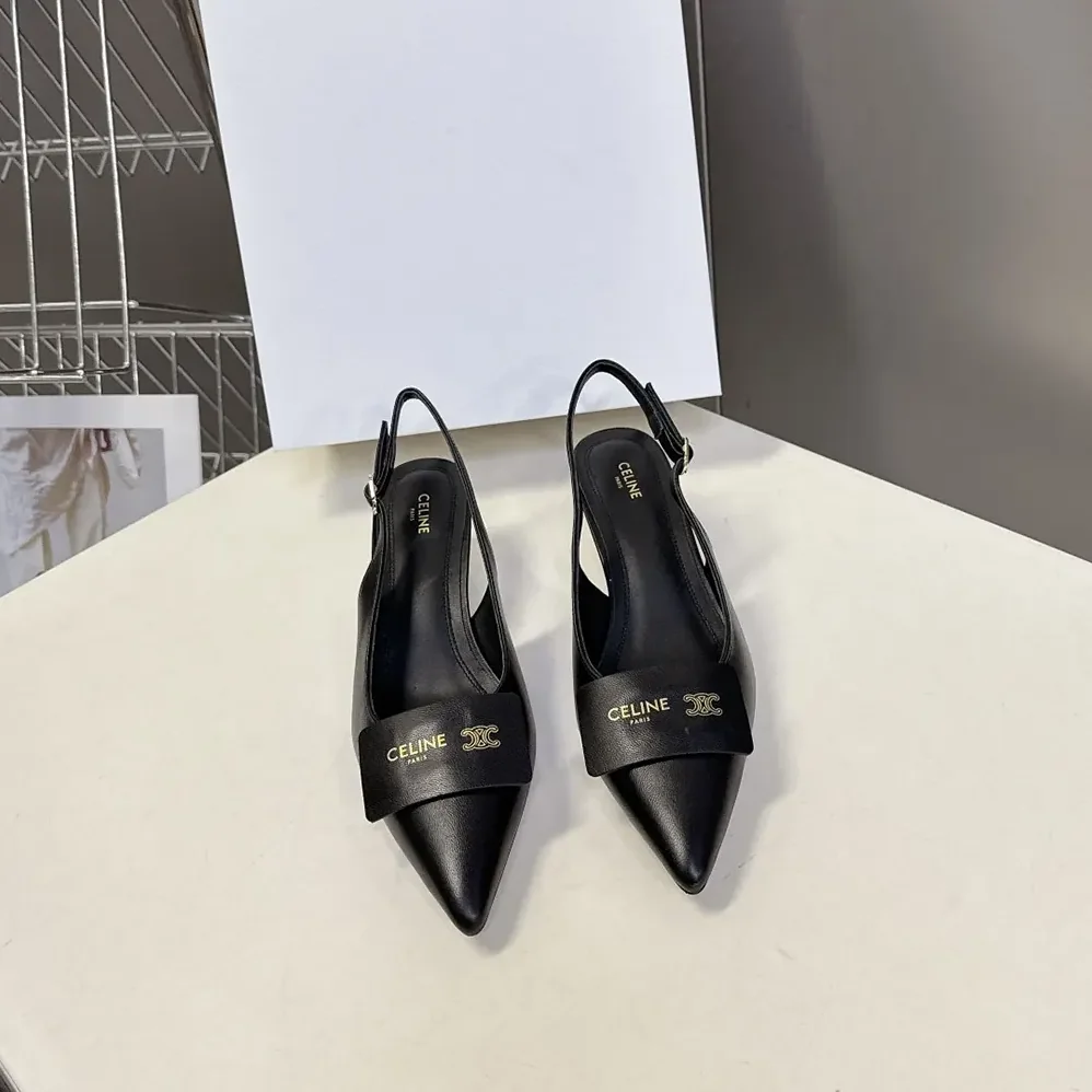 Celine Signature-Slingback With Label In Lambskin for Women in Black Celine Signature-Slingback With Label In Lambskin for Women in Black
