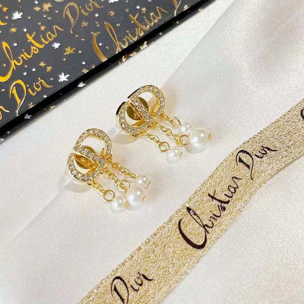 Dior Petit CD Earrings Gold-Finish Metal with White Resin Pearls and White Crystals for Women Dior Petit CD Earrings Gold-Finish Metal with White Resin Pearls and White Crystals for Women