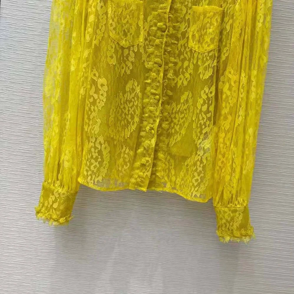Fendi Yellow Lace Shirt with Wide Puff Sleeves for Women Fendi Yellow Lace Shirt with Wide Puff Sleeves for Women