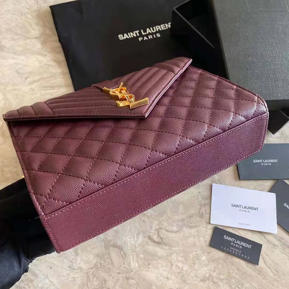 Saint Laurent YSL Envelope Medium Bag in Mix Matelasse Grain DE Poudre Embossed Leather for Women in Maroon